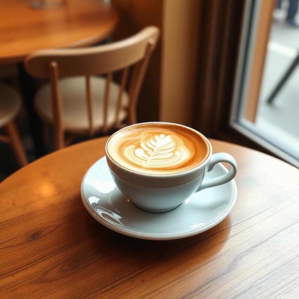 Xícara de cappuccino com latte art sobre mesa de madeira